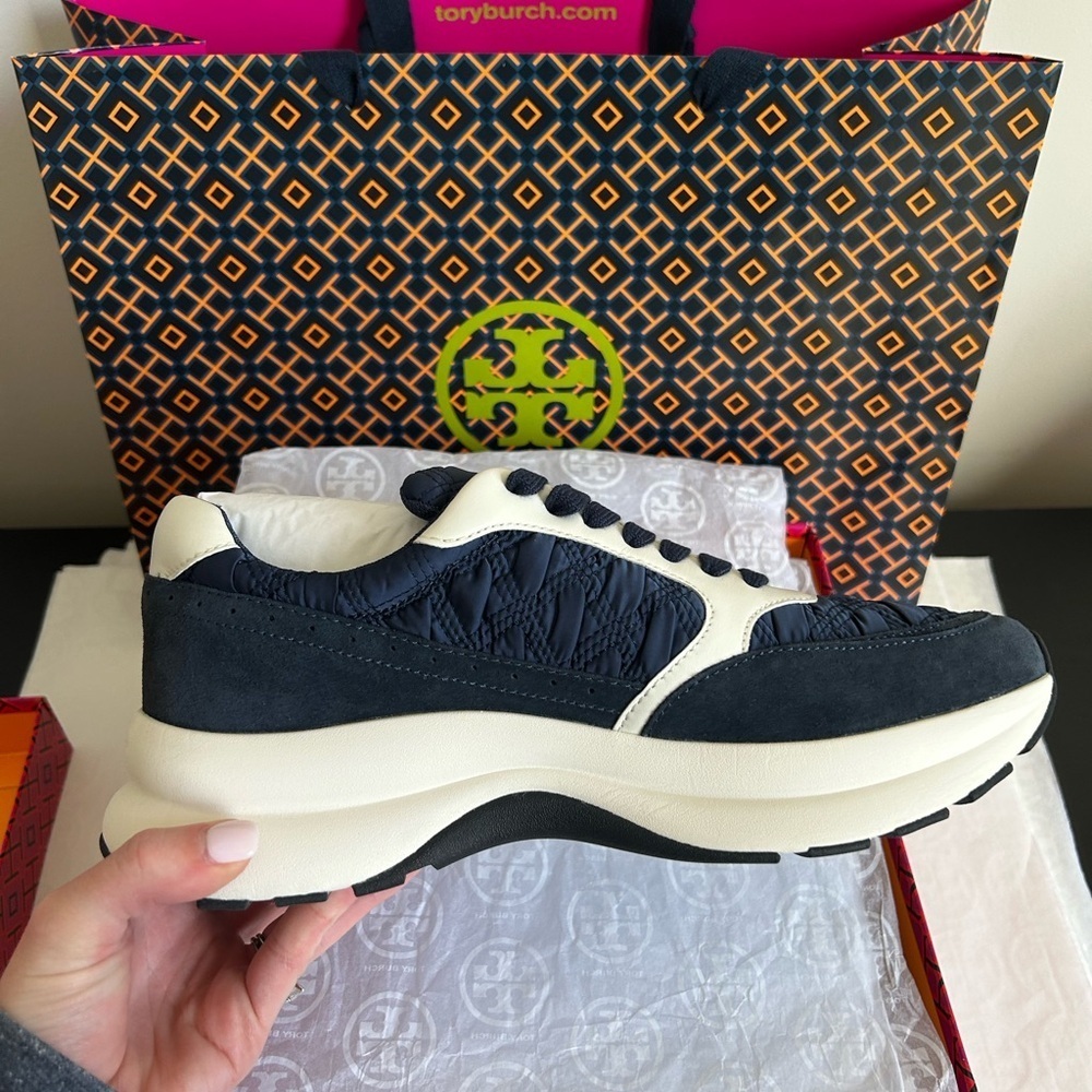 Tory Burch Kick Trainer Sneakers Size 9 Satin Tory Navy white Blue - Picture 3 of 10